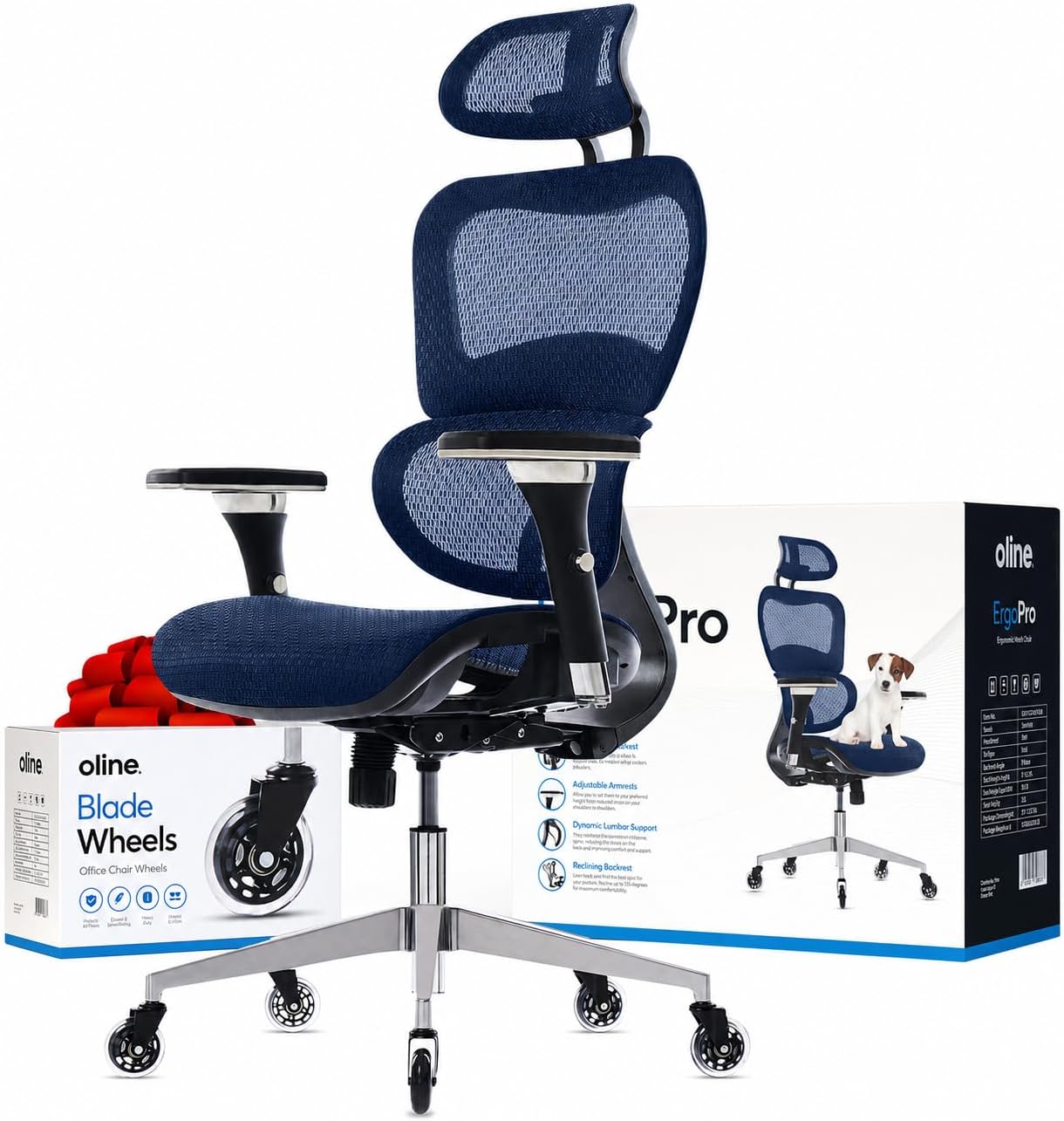 Oline ErgoPro Ergonomic Office Chair - Rolling Desk Chair with 4D Adjustable Armrest, 3D Lumbar Support and Blade Wheels - Mesh Computer Chair, Gaming Chairs, Executive Swivel Chair (Navy Blue)