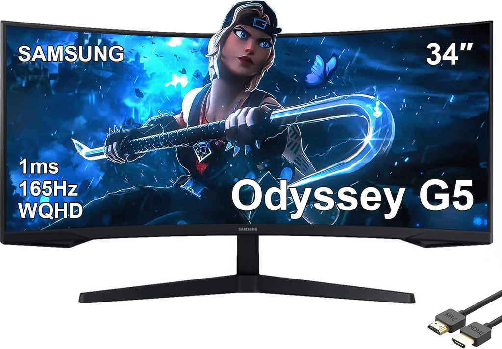SAMSUNG 34' Odyssey G5 Series Ultra-Wide WQHD Gaming Monitor, 1000R Curved, 165Hz, 1ms Response Time, FreeSync Premium, Black, with MTC HDMI Cable