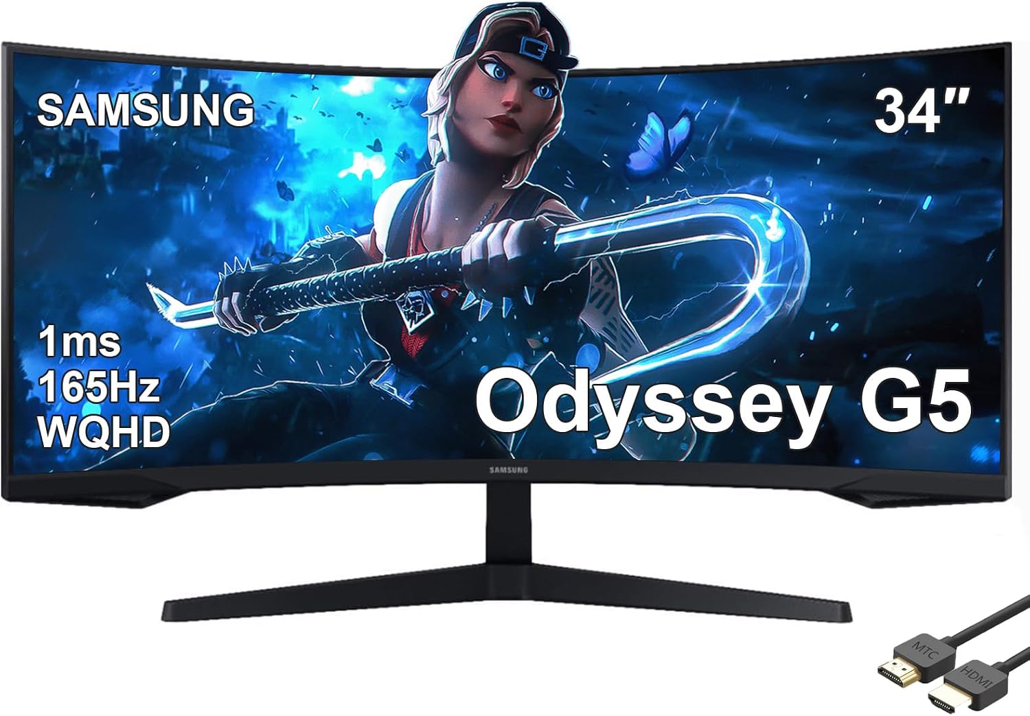 SAMSUNG 34' Odyssey G5 Series Ultra-Wide WQHD Gaming Monitor, 1000R Curved, 165Hz, 1ms Response Time, FreeSync Premium, Black, with MTC HDMI Cable