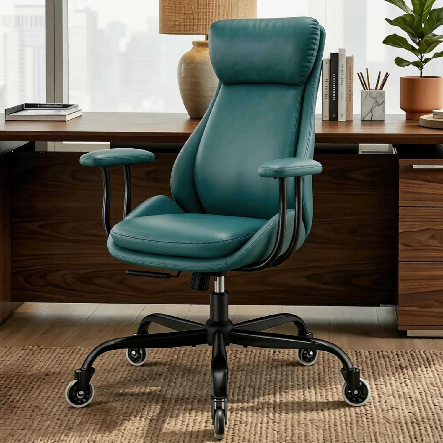 E-Motie Office Chair, Leather Desk Chair with Rubber Wheels, Ergonomic Computer Chair 500 LBS with Lumbar Support, High Back Executive Chair for Modern Home Office, Green