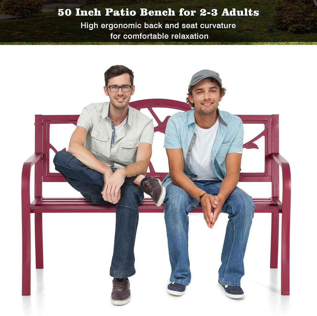 PHI VILLA Outdoor Patio 50' Metal Park Bench Red, Steel Frame Bench with Backrest and Armrests for Porch, Patio, Garden, Lawn, Balcony, Red Bird