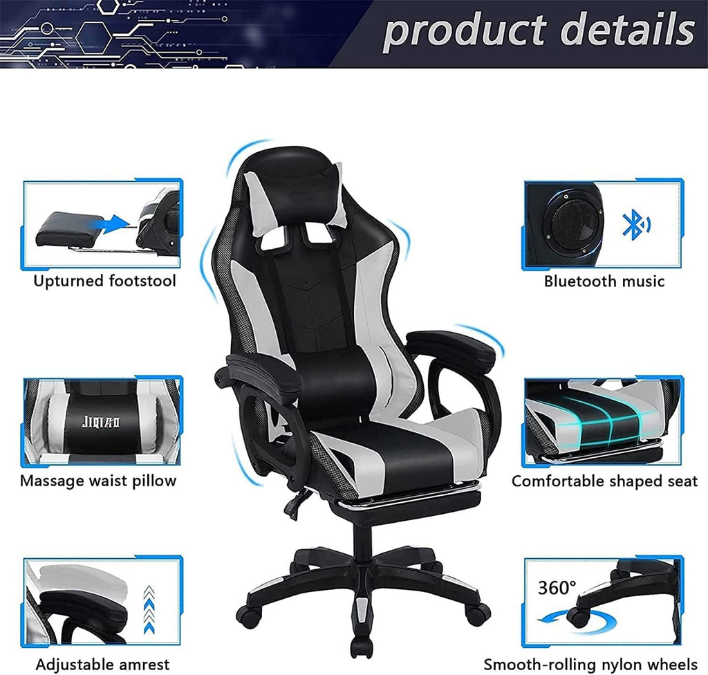 Ergonomic Pro Gaming Chair with Full Massage Lumbar Support, Bluetooth Speakers, Adjustable Backrest - Blue