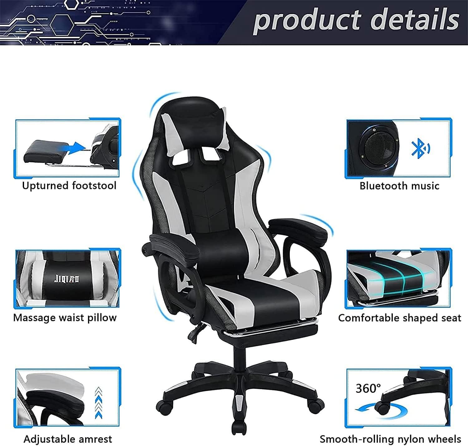 Ergonomic Pro Gaming Chair with Full Massage Lumbar Support, Bluetooth Speakers, Adjustable Backrest - Blue
