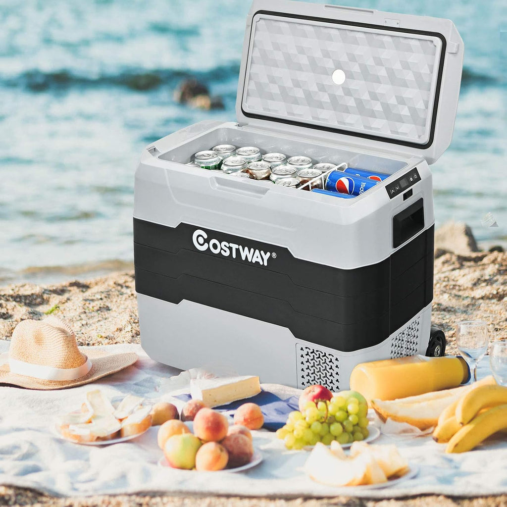 COSTWAY Car Refrigerator with Wheels, 42-Quart Dual-zone Electric Cooler with Telescopic Handle, 12V/24V DC, 100-240V AC, -4°F To 50°F, Portable Fridge Freezer for RV Camping Travel, Grey+Black