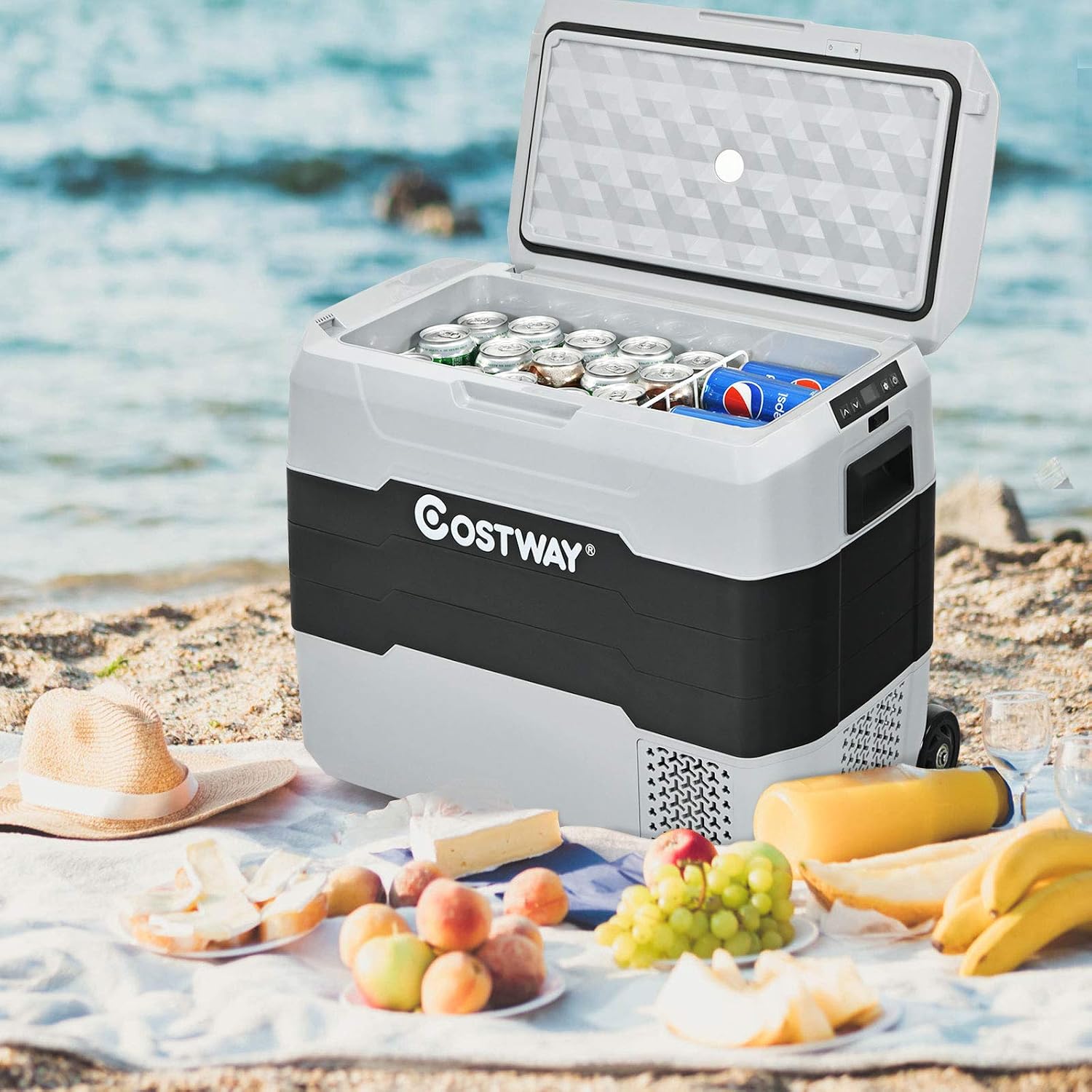 COSTWAY Car Refrigerator with Wheels, 42-Quart Dual-zone Electric Cooler with Telescopic Handle, 12V/24V DC, 100-240V AC, -4°F To 50°F, Portable Fridge Freezer for RV Camping Travel, Grey+Black