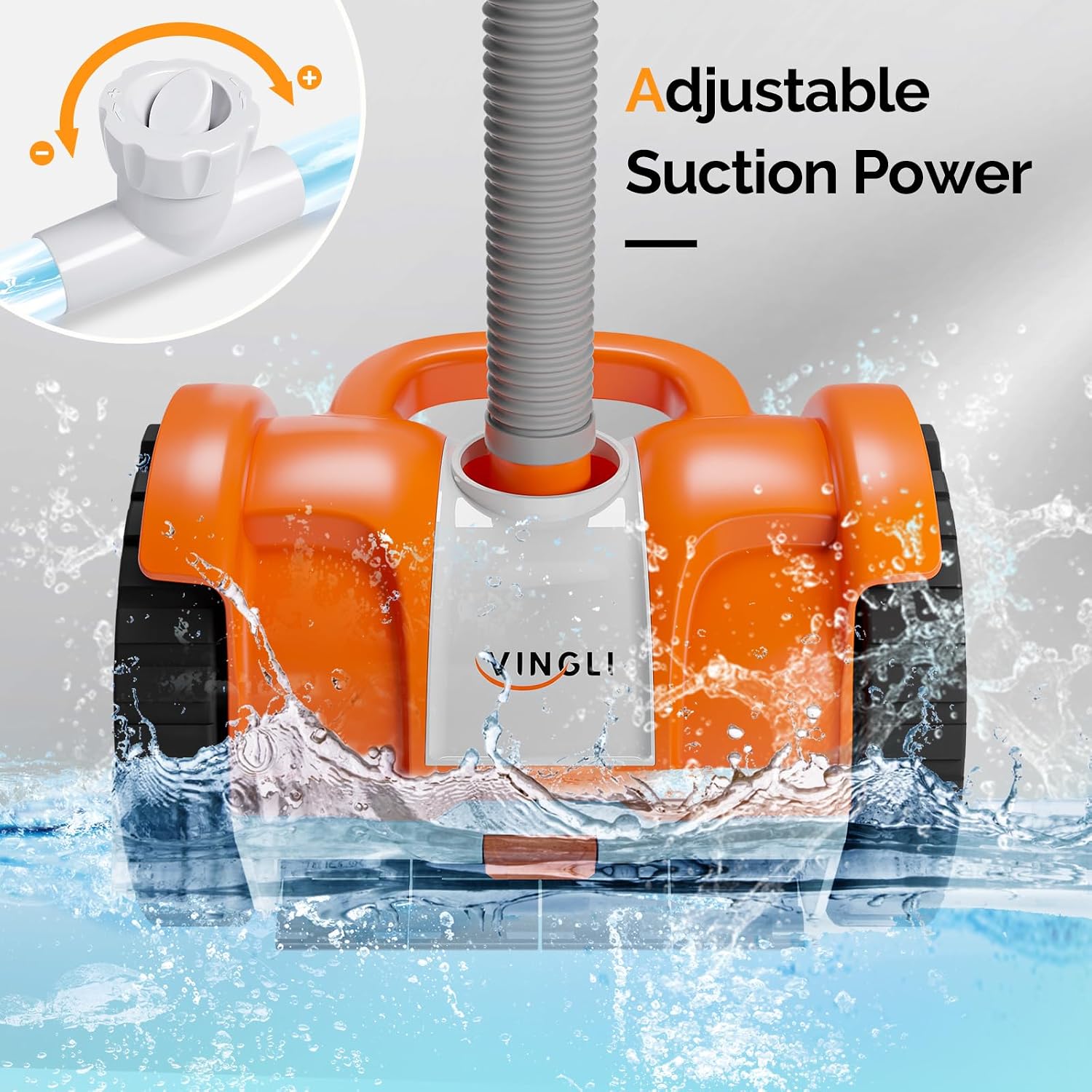 (2025 Upgrade) VINGLI Pool Vacuum Cleaner, Suction Side Wall-Climbing Sweeper for Ground&Inground Pools, Automatic Pool Vacuum with 39.6ft Tangle-Free Hose (Rich Orange&Gray)