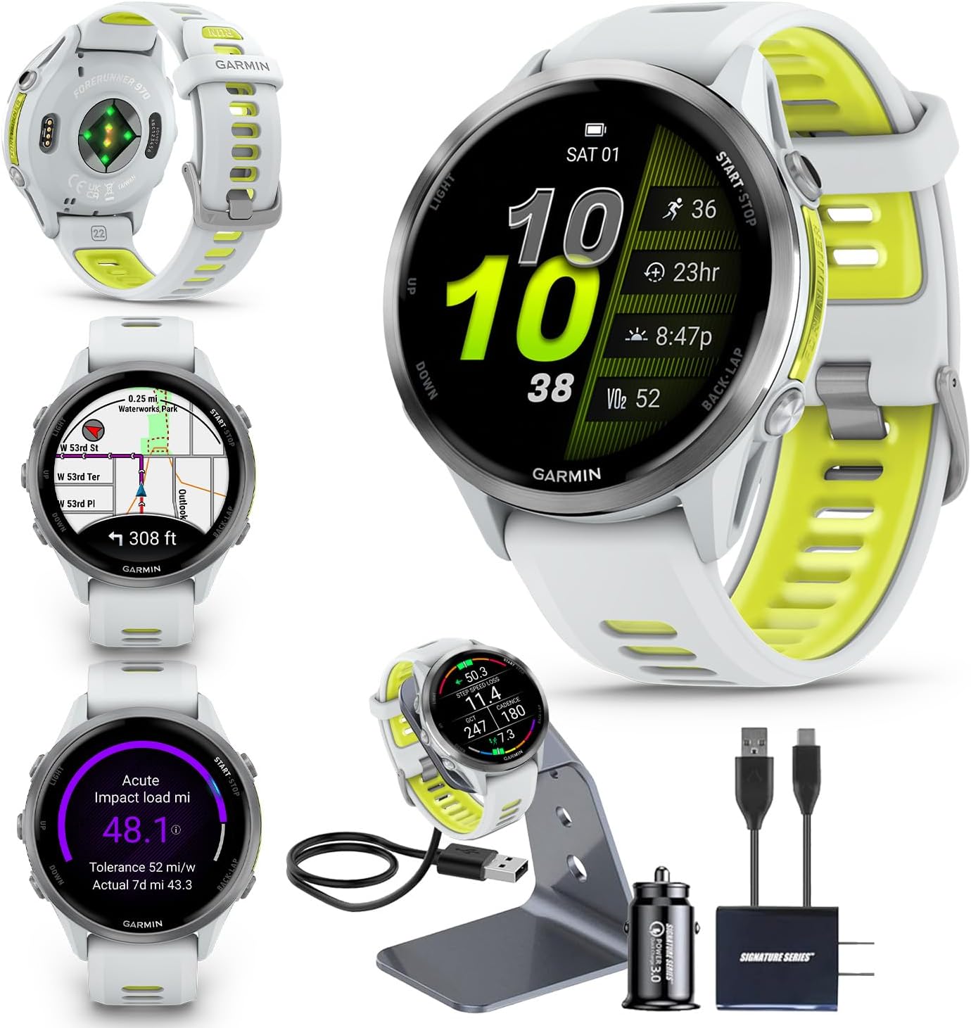Garmin Forerunner 970 GPS Running Smartwatch, Whitestone | Premium Training & Recovery, Sleep Coach, Heart Rate, Download Music, Up to 15 Day Battery | Signature Series Charging Stand Bundle