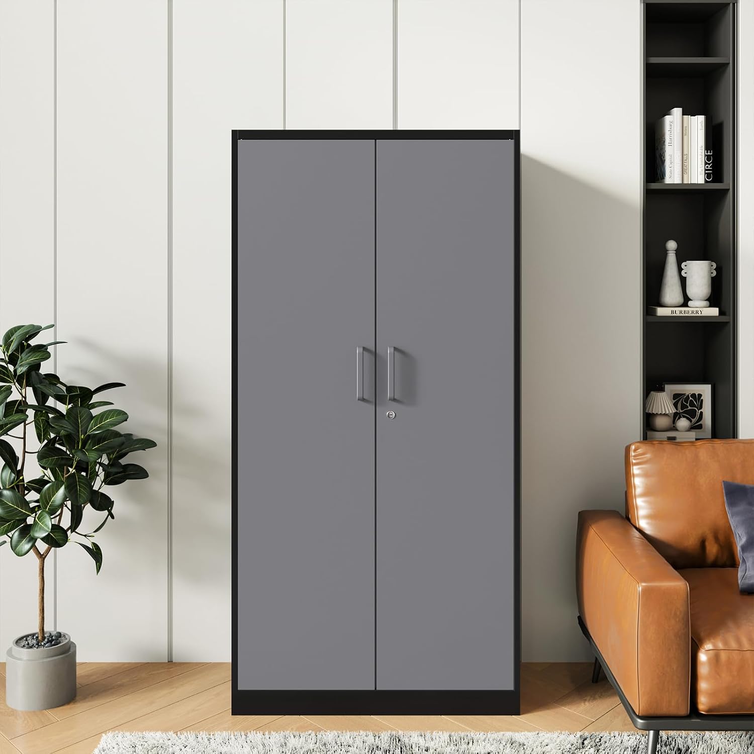 Metal Garage Storage Cabinet, 71/ inchs Locking Storage Cabinet with 2 Doors and 4 Adjustable Shelves, Lockable Metal Cabinet for Office,Home,Garage,Gym,School（Gray Black） SC9005D