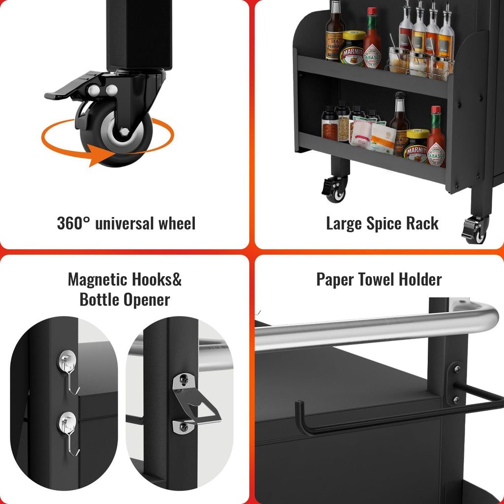 XL Outdoor Grill Cart with Cabinet, Extra-Wide Stainless Steel Table Top, Large Spice Rack & Lockable Wheels, Outdoor Kitchen Island Grill Table for BBQ, Cooking & Prep