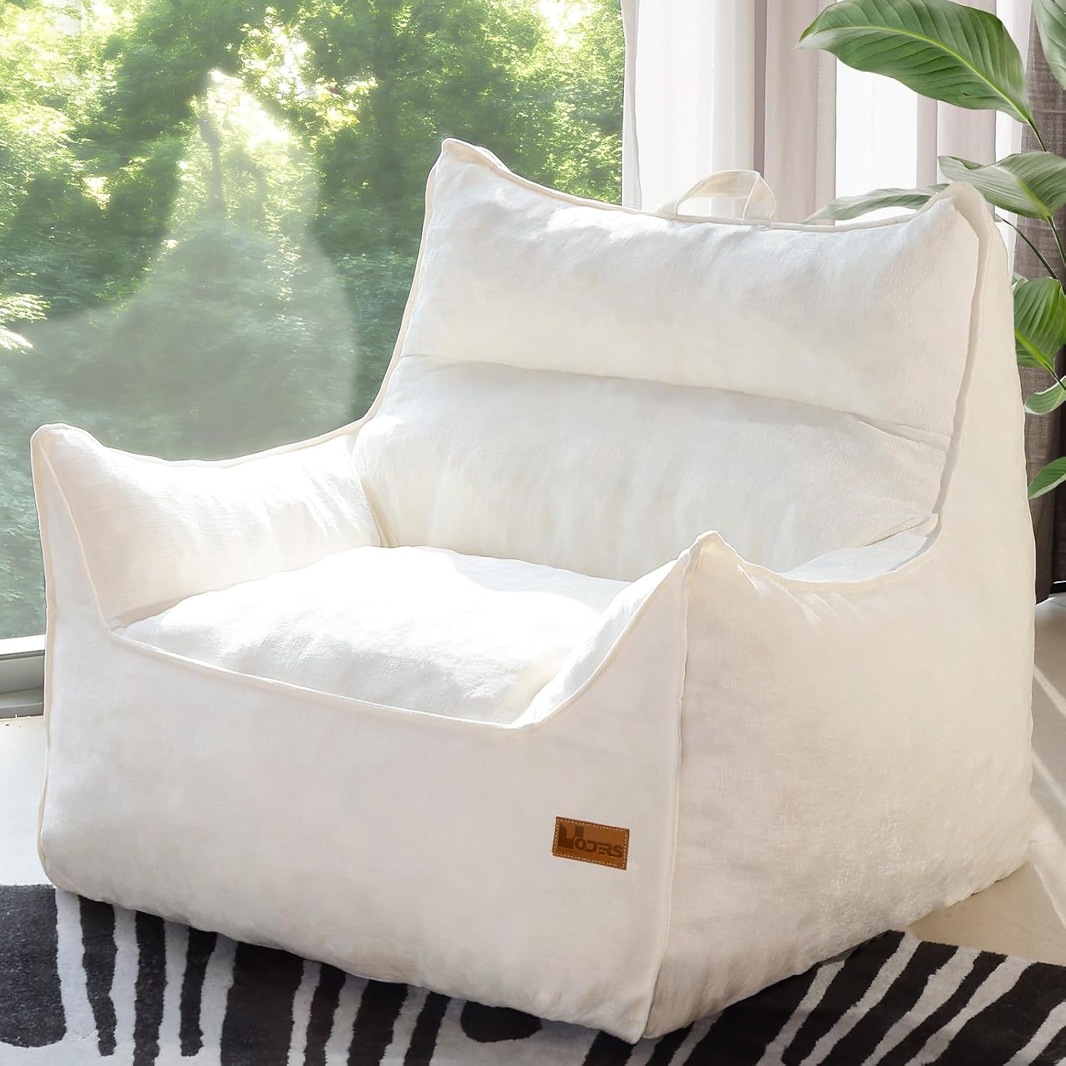 Oversized Fluffy Bean Bag Chair for Adults – Giant Cozy Bean Bag Sofa Chair with Armrests, Handle & Non-Slip Base for Your Reading Nook, Bedroom or Living Room(White-XL)