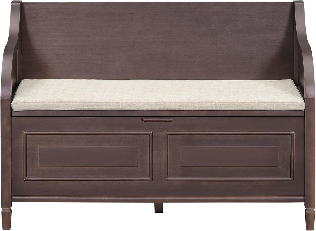 Bellemave Storage Bench with Safety Hinge Wooden Entryway Benches with Shoe Cabinets Under Seat Multifunctional Storage Bench for Entryway, Foyer or a Mudroom (Espresso + Beige)
