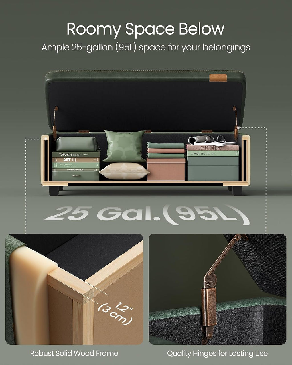 VASAGLE EKHO Collection - Storage Ottoman Bench, Entryway Bedroom Bench, 25 Gallons, Synthetic Leather with Stitching, Mid-Century Modern, Safety Hinges, Loads 660 lb, Forest Green ULOM075C01