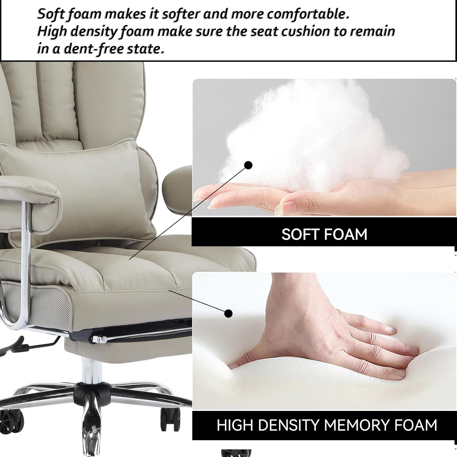 Efomao Big and Tall Office Chair 400lbs – High Back Executive Chair with Swivel Base, PU Leather Upholstery, Lumbar Pillow, Padded Armrests, and Rolling Wheels，Grey Computer Chair