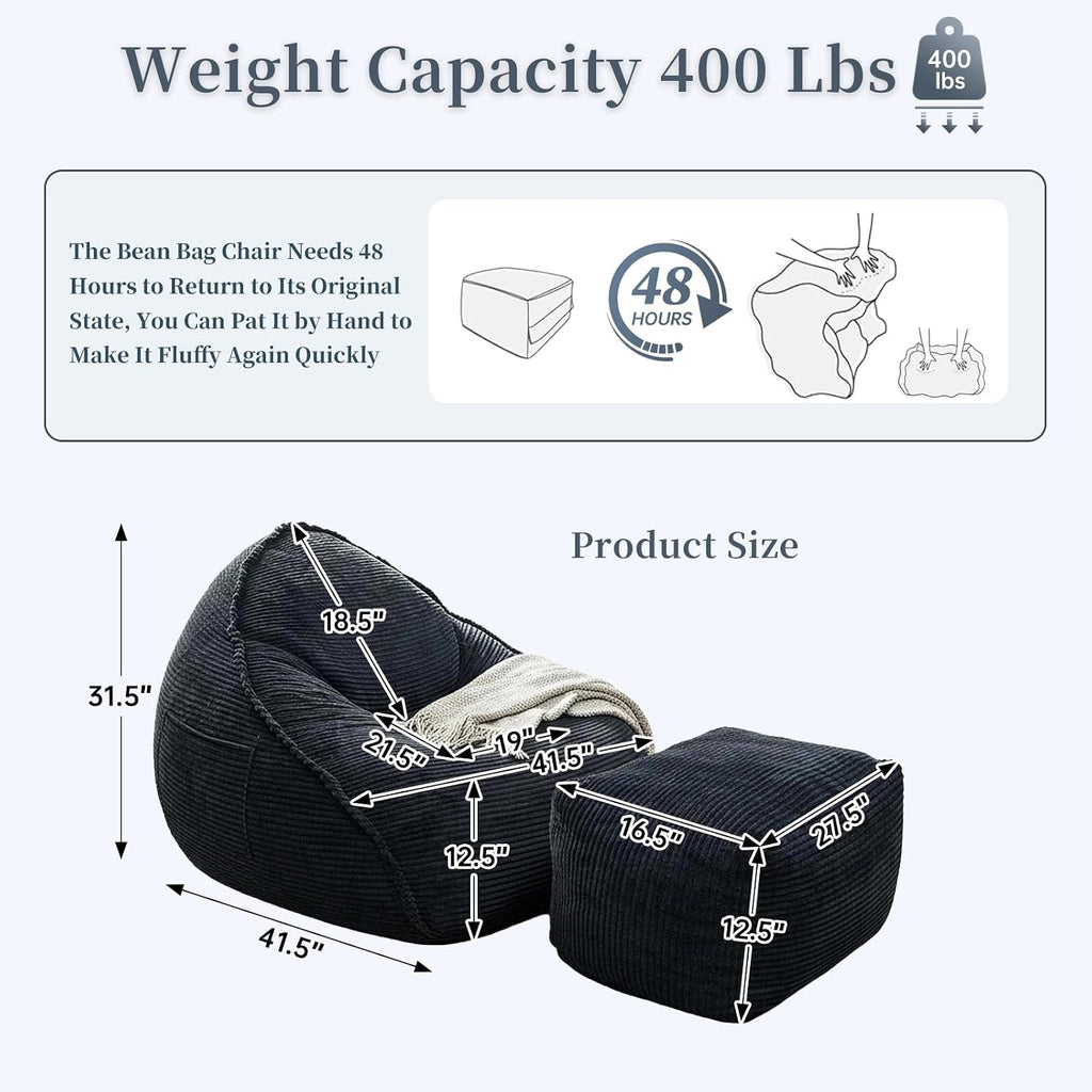 Ultra Soft Bean Bag Chair for Adults with Ottoman, Oversized Floor Sofa for Living Room, Gaming, Lounging, Napping (Black)