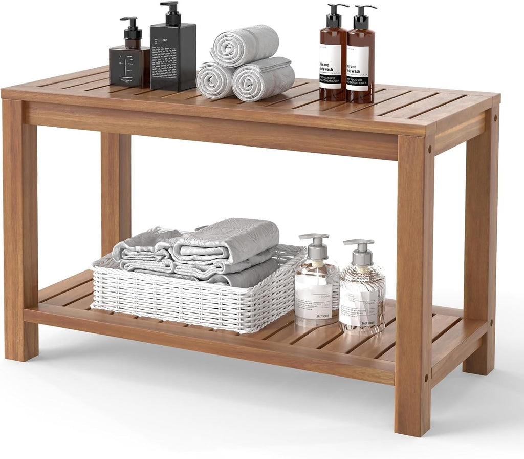 Giantex Teak Shower Bench with Shelf, 30 Inch Shower Stool with Slatted Seat for Elderly Seniors, Waterproof Bathroom Spa Bathing Seat Foot Rest Entryway Bench for Indoor and Outdoor Use