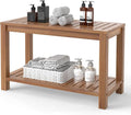 Giantex Teak Shower Bench with Shelf, 30 Inch Shower Stool with Slatted Seat for Elderly Seniors, Waterproof Bathroom Spa Bathing Seat Foot Rest Entryway Bench for Indoor and Outdoor Use