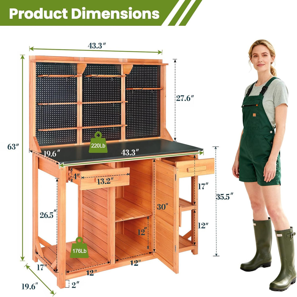 Wooden Outdoor Potting Bench with Pegboard, Storage Cabinet & Black Metal Top - Garden Table for Patio/Backyard