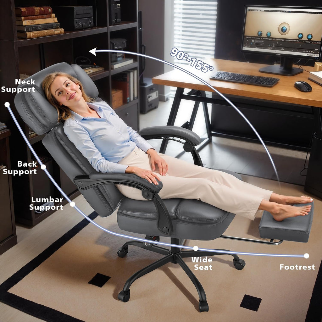 400lbs Executive Office Chair with Foot Rest for Heavy People, Ergonomic Big and Tall Desk Chair with Adjustable Headrest, High Back PU Leather Comfy Heavy Duty Computer Chair with Spring Cushion