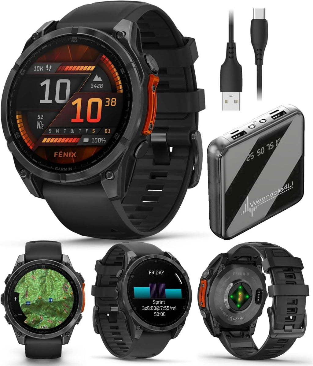 Garmin Fenix 8 – 47 mm, AMOLED Multisport GPS Smartwatch, Slate Gray with Black Silicone Band, Built-in LED Flashlight, Voice Control Power Bank Bundle
