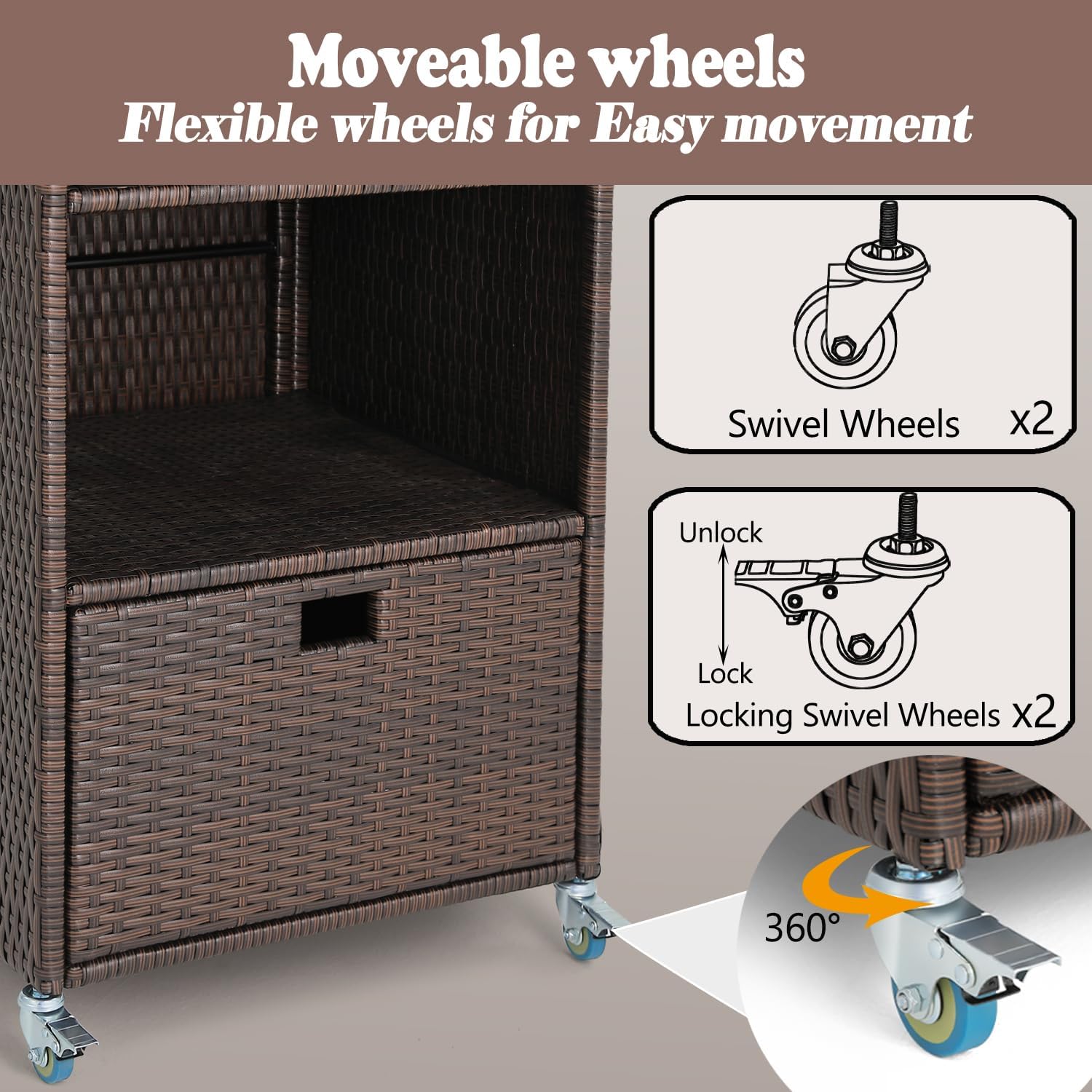 Outdoor Towel Rack for Pool Outdoor Pool Towel Storage Cabinet with Shelf & Drawer Poolside Towels Valet Caddy with Rolling Wheels Wicker Poolside Towels Holder with Cover for Hot Tub Espresso