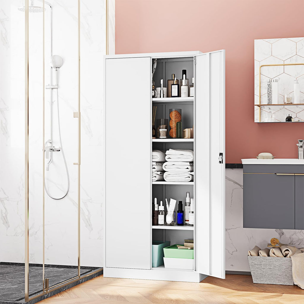 Fesbos Metal Storage Cabinet-72' Tall Steel File Cabinets with Lockable Doors and Adjustable Shelves-White Steel Storage Cabinet for Kitchen, Office, Garage