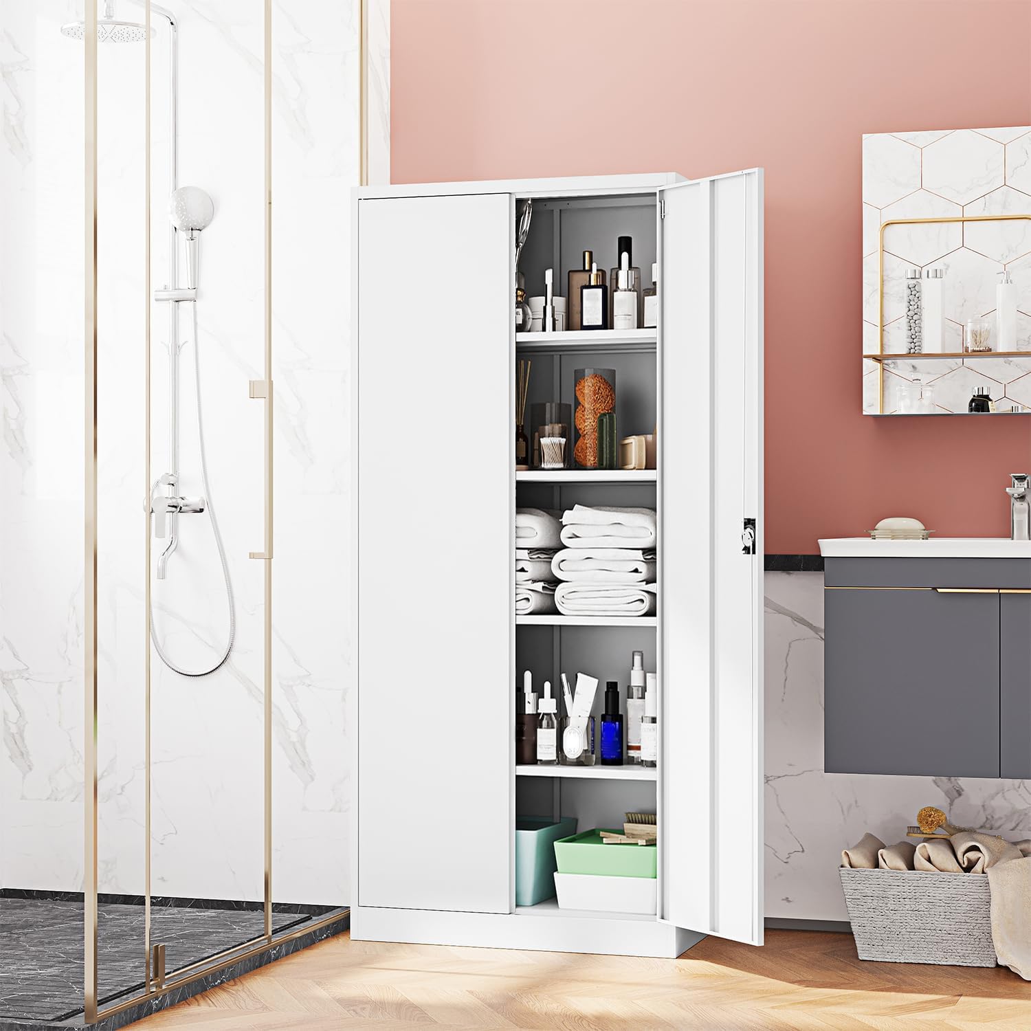 Fesbos Metal Storage Cabinet-72' Tall Steel File Cabinets with Lockable Doors and Adjustable Shelves-White Steel Storage Cabinet for Kitchen, Office, Garage