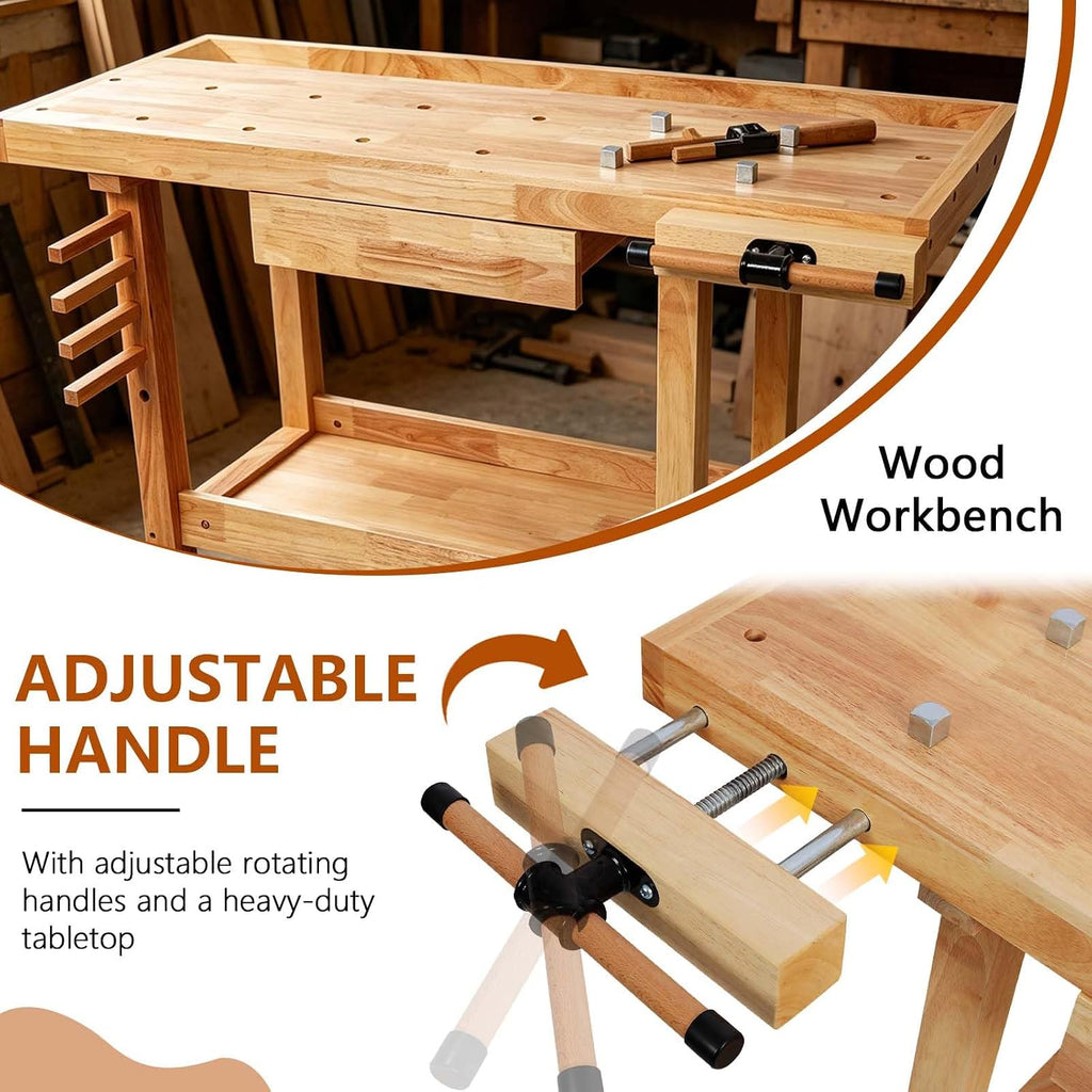 55' Rubber Wood Workbench, Heavy Duty Work Bench with Drawer& Shelf, Work Bench Table for Garage, Workshop, Home Storage, Woodworking Bench, 330 lbs Weight Capacity (48')