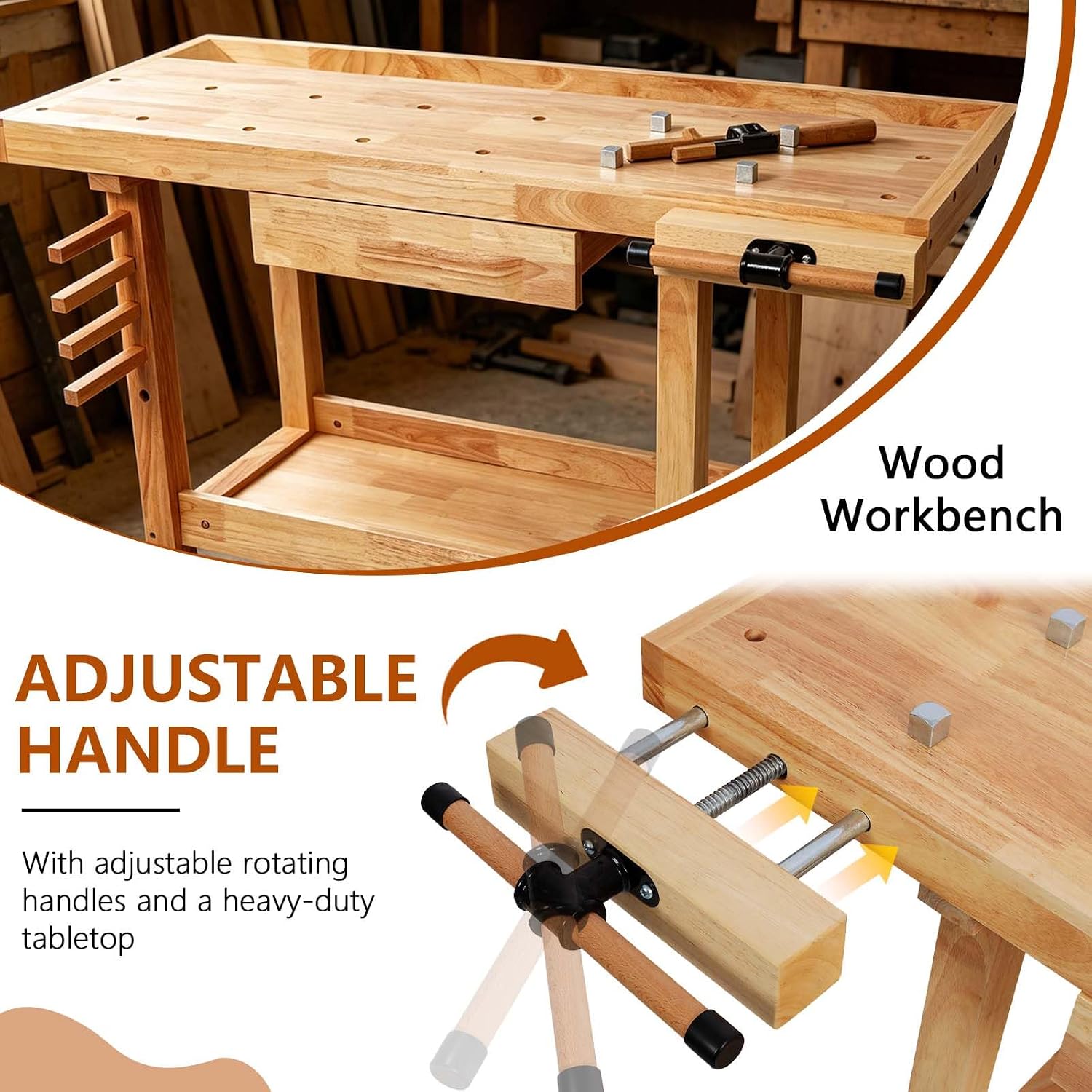 55' Rubber Wood Workbench, Heavy Duty Work Bench with Drawer& Shelf, Work Bench Table for Garage, Workshop, Home Storage, Woodworking Bench, 330 lbs Weight Capacity (48')