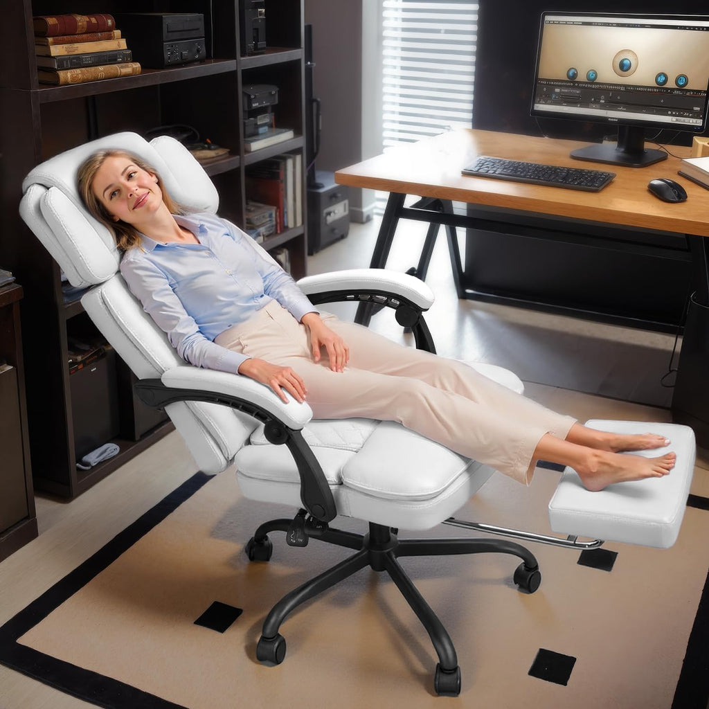 400lbs Office Chair with Foot Rest, Ergonomic Big and Tall Office Chair with Adjustable Headrest, High Back PU Leather Computer Chair,Comfy Heavy Duty Office Desk Chair (Classic White)