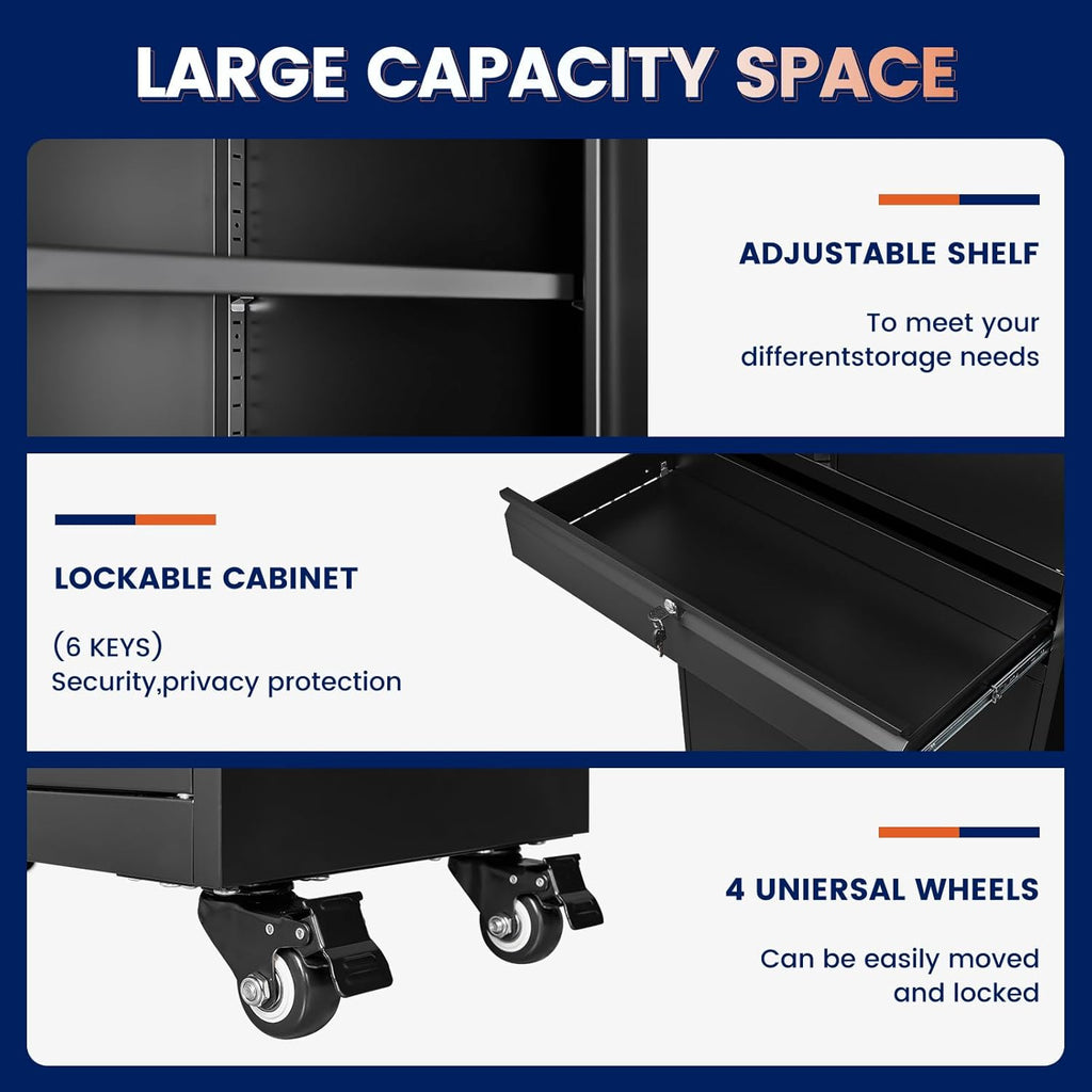 Yizosh Metal Garage Storage Cabinet with Locking Doors and Adjustable Shelves, 73' Rolling Tool Storage Cabinet with 4 Wheels and 1 Drawer for Garage,Warehouse (Black)