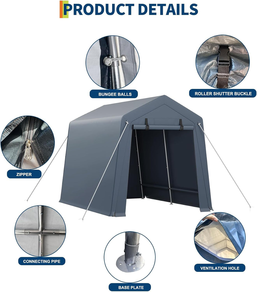 GarveeLife Portable Outdoor Storage Shed with Roll-Up Zipper Door & Vent, 240G Heavy-Duty Shelter Waterproof PE Tarp, UV-Resistant Carport for Motorcycle, Firewood, Tools (Gray, 7'x10')