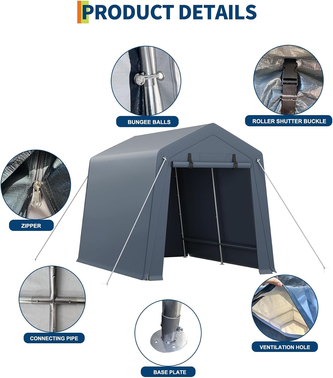 GarveeLife Portable Outdoor Storage Shed with Roll-Up Zipper Door & Vent, 240G Heavy-Duty Shelter Waterproof PE Tarp, UV-Resistant Carport for Motorcycle, Firewood, Tools (Gray, 7'x10')