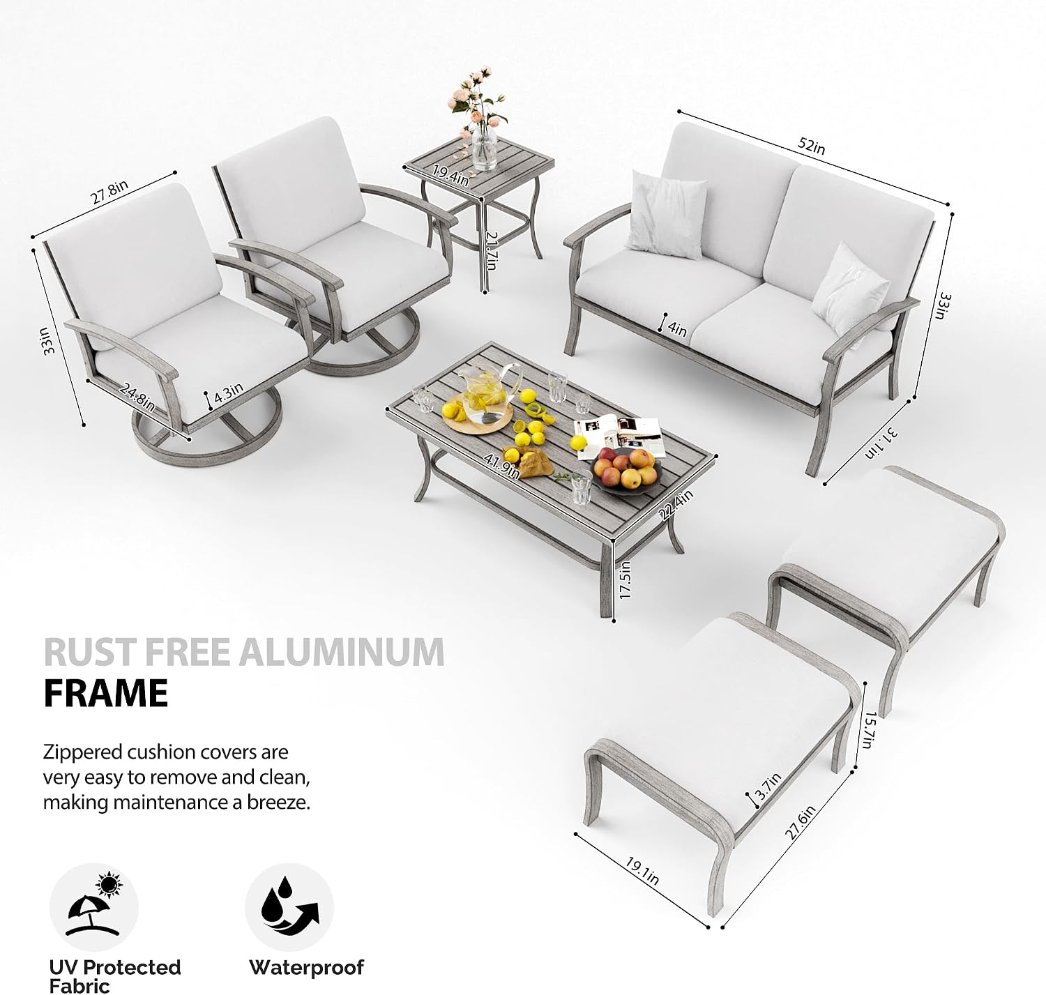 HAPPATIO 7 Piece Aluminum Patio Furniture Set, Outdoor Swivel Armchair with Loveseat, All-Weather Outdoor Sectional Sofa with Side Table and Coffee Table, Garden Conversation Set for Lawn(Gray)