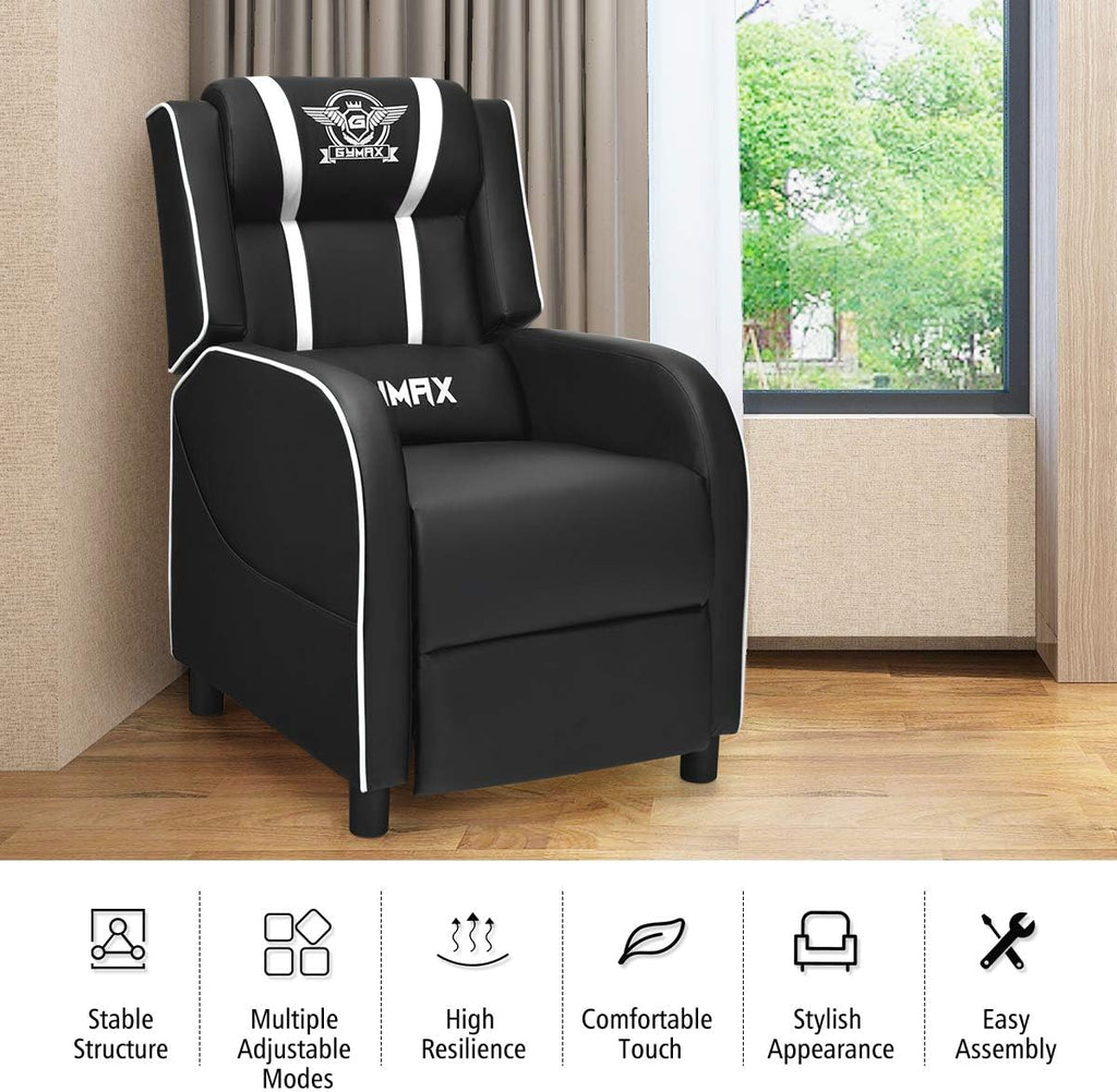 POWERSTONE Gaming Recliner Chair, Reclining Gaming Chairs for Adults Ergonomic Leather Sofa with Footrest Lumbar Support Headrest and Side Pouch for Living Room Home Theater, White