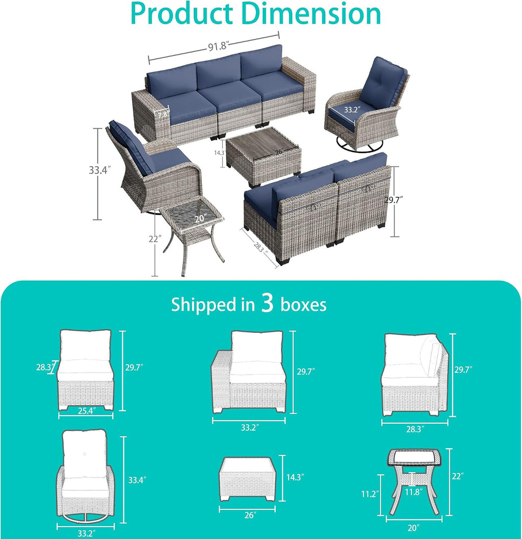 9-Piece Outdoor Patio Furniture Set with Rocking Swivel Chair Wicker Sectional Sofa Set, Patio Conversation Set with Thickened Cushions & Coffee Table for Garden, Backyard, Navy Blue