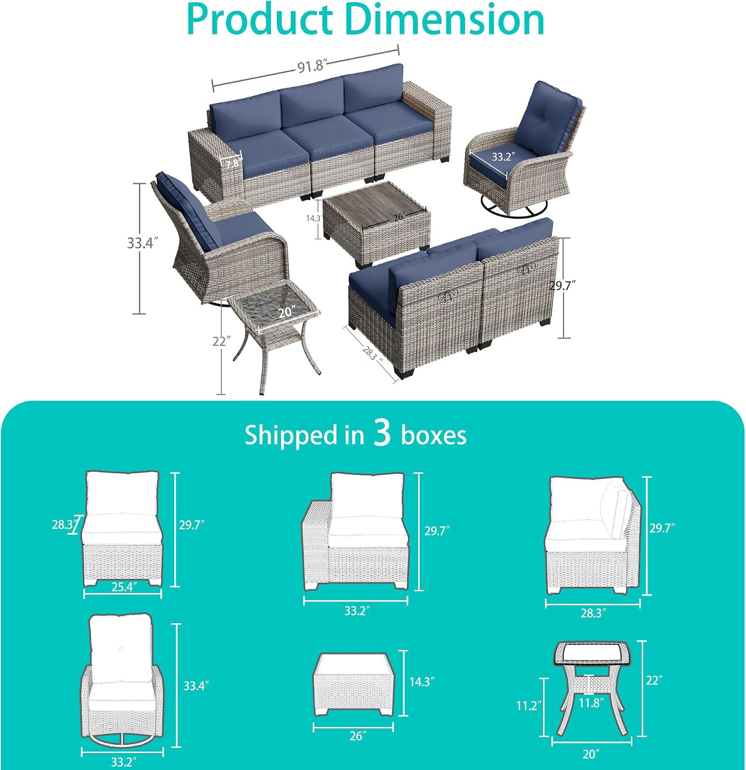9-Piece Outdoor Patio Furniture Set with Rocking Swivel Chair Wicker Sectional Sofa Set, Patio Conversation Set with Thickened Cushions & Coffee Table for Garden, Backyard, Navy Blue