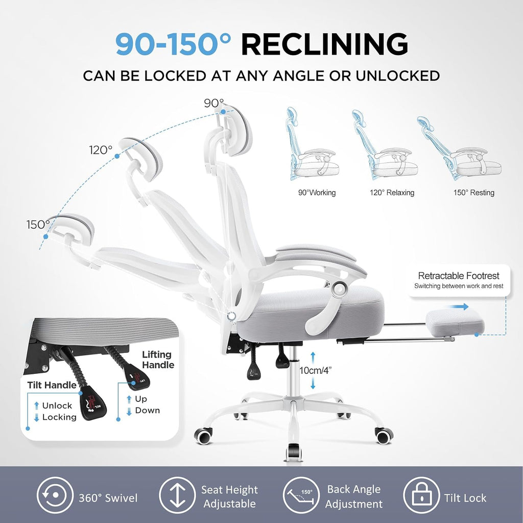 Ergonomic Office Chair with Footrest,Ultra Thick Reclining Office Desk Chair with Adjustable 2D Lumbar Support and Headrest,Spring Cushion,High Back Premium Mesh Computer Chair Office Chairs,Grey