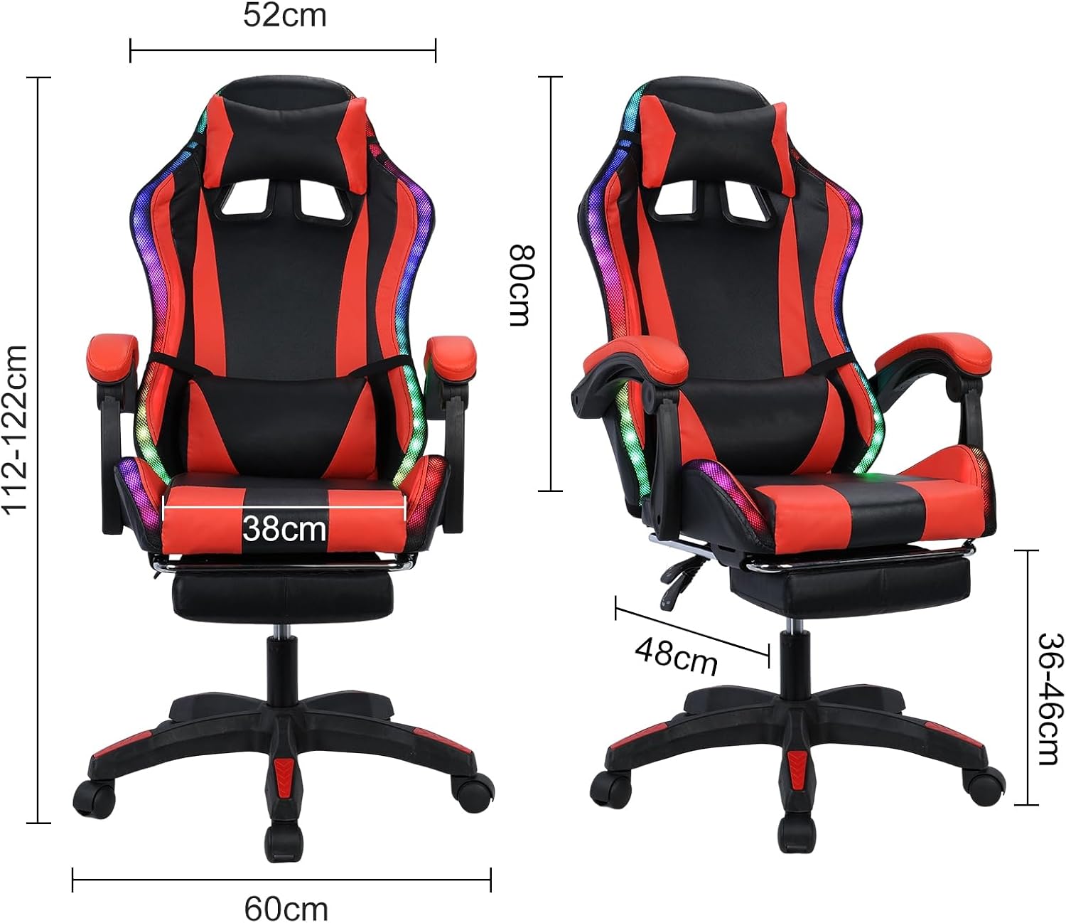 Gaming Chair, Massage Gaming Chair with Bluetooth-Compatible Speakers and RGB LED Lights, Ergonomic Computer Gaming Chairs with Footrest Height Adjustable Height Adjustable Black & Red