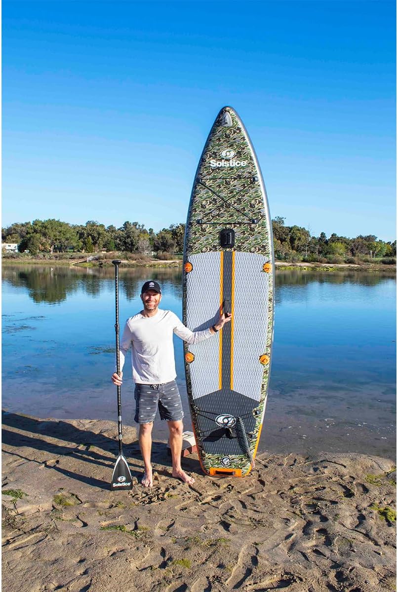 Solstice Drifter Inflatable Stand Up Paddle Board Kit | Yak Attack Accessory Mount | 11'6 x 34'' x 6'' | 350 Pound Capacity | Included Paddle Straps | Military Grade Materials, Green Camo (36116)