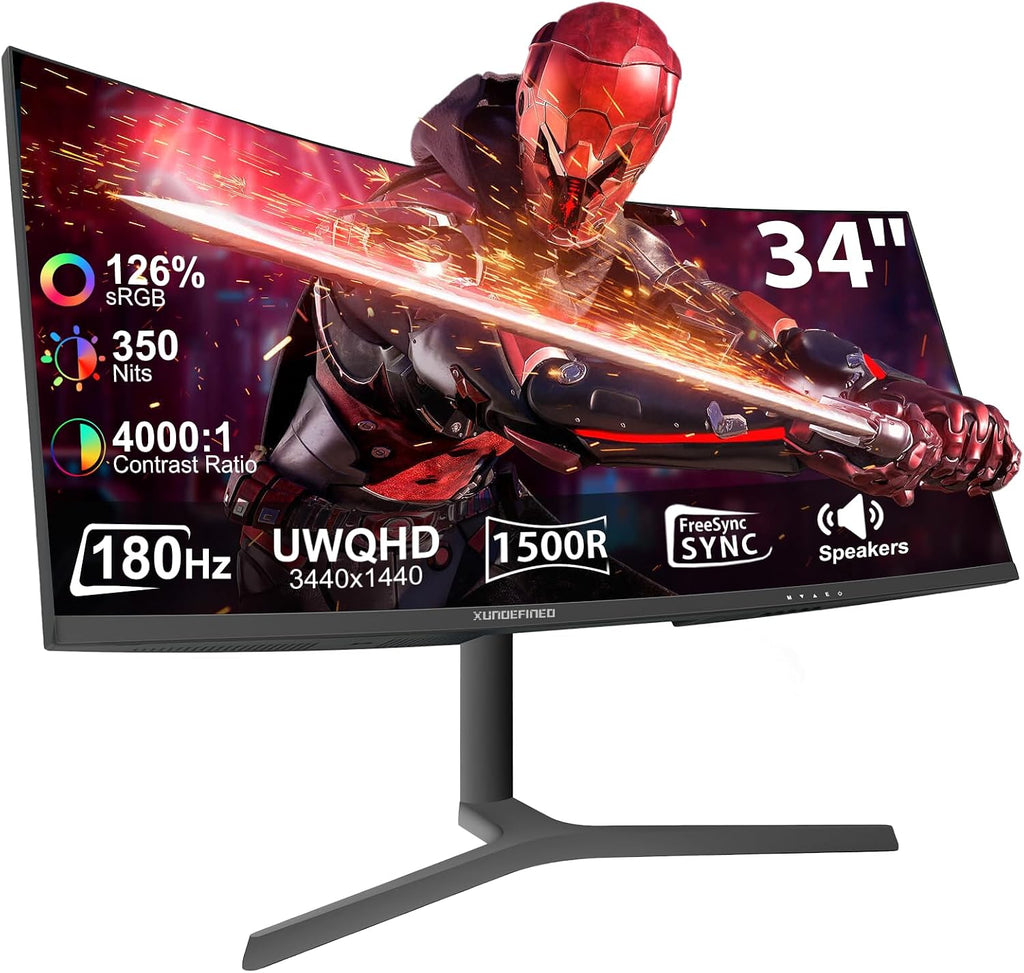 34 Inch Curved Monitor 180Hz, UWQHD 3440x1440p Ultrawide Gaming Monitor 1500R with Speaker, PIP/PBP, 4000:1 Contrast, sRGB126%, HDR, FreeSync & G-SYNC, 1ms(MPRT), HDMI/DP Port, Adjustable Stand, VESA