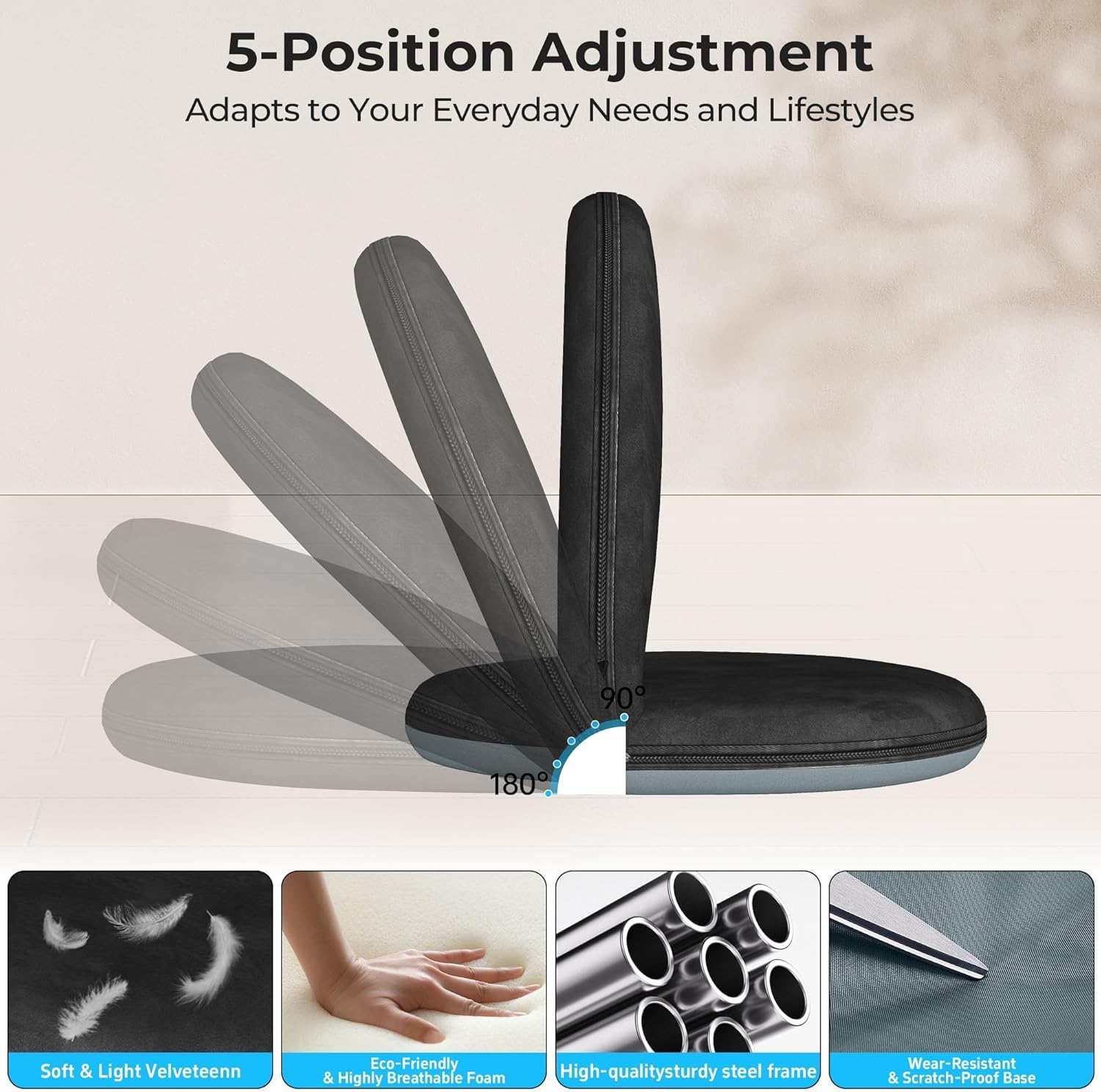 2Pcs Floor Chair, 5-Position Foldable Floor Chair for Kids with Adjustable Back, Soft Sponge & Velvetean Cover, for Adults and Kids, Indoor Outdoor Use, Meditation, Gaming, Camping(Black)