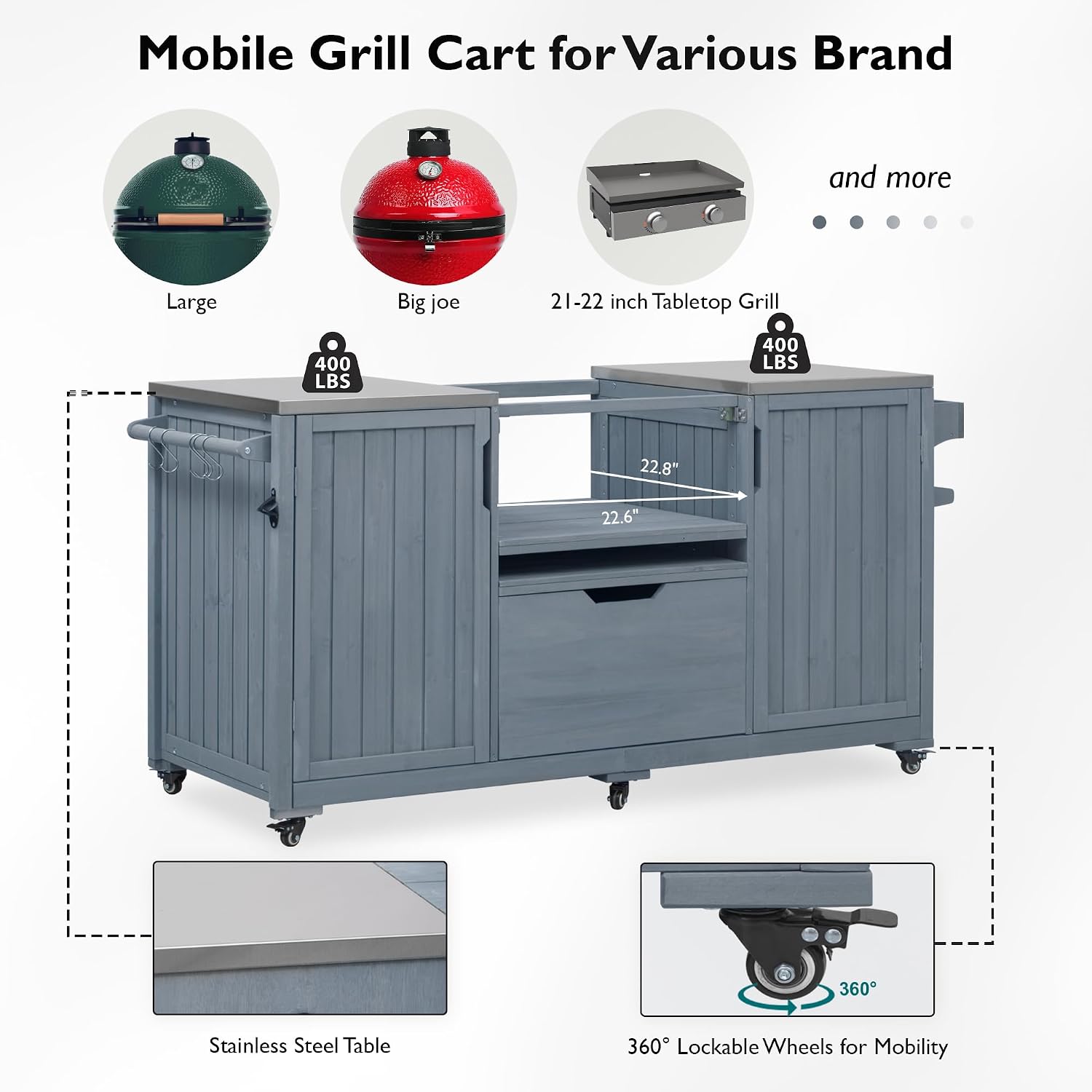 66.5' Outdoor Kitchen Island with Stainless Steel Top for Big Green Egg, Rolling Grill Cart with Adjustable Shelves, Lockable Wheels, Outdoor Table and Bar Storage Cabinet for Patio