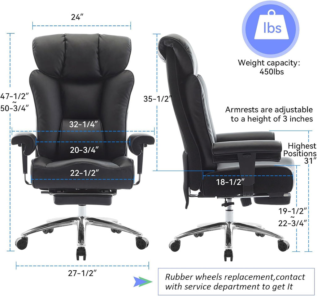 Efomao Big and Tall Office Chair 400 lbs Capacity, Oversized Executive Desk Chair with Footrest, Extra Wide 23' Seat, High Back Ergonomic PU Leather Home Office Chair， Black