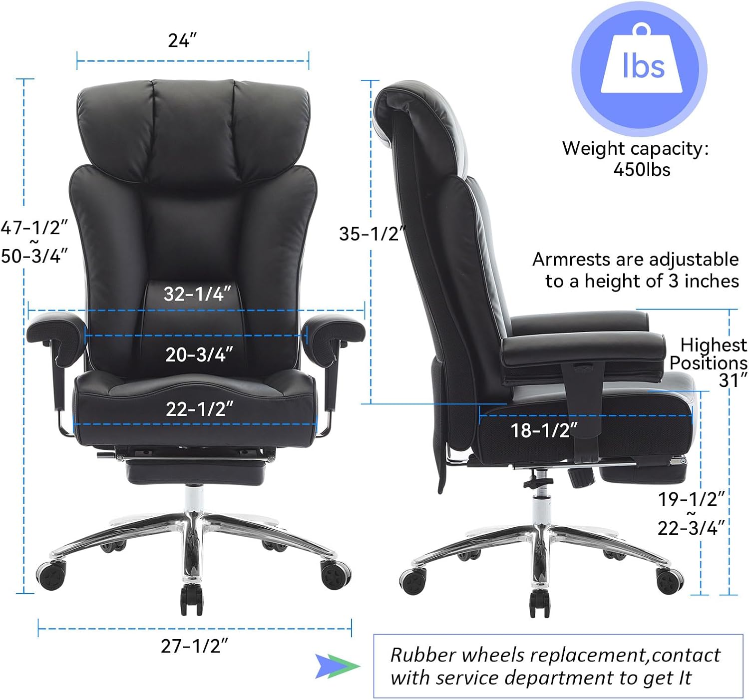 Efomao Big and Tall Office Chair 400 lbs Capacity, Oversized Executive Desk Chair with Footrest, Extra Wide 23' Seat, High Back Ergonomic PU Leather Home Office Chair， Black