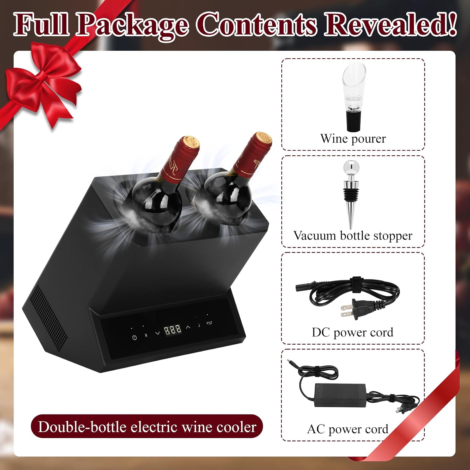 Electric Wine Chiller Double Bottle - Premium 24H Iceless Portable Cooler,Wine Chiller for 750ml Wine/Champagne,Multi-Scene Vino Accessory for Kitchen/Bar/RV - Perfect Gift for Wine Lovers