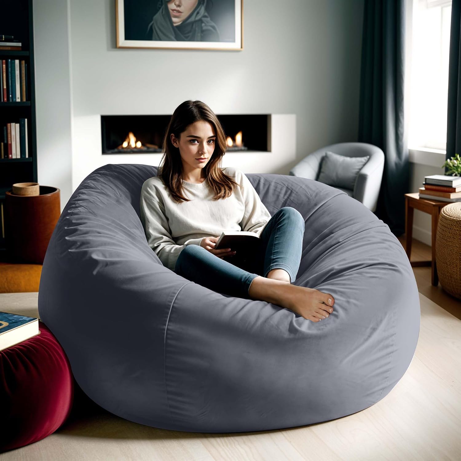 Giant 5ft Bean Bag Chairs for Adults, 5FT Oversized Bean Bag for Teens, Memory Foam Bean Bag with Removable Dutch Velet Cover, Grey