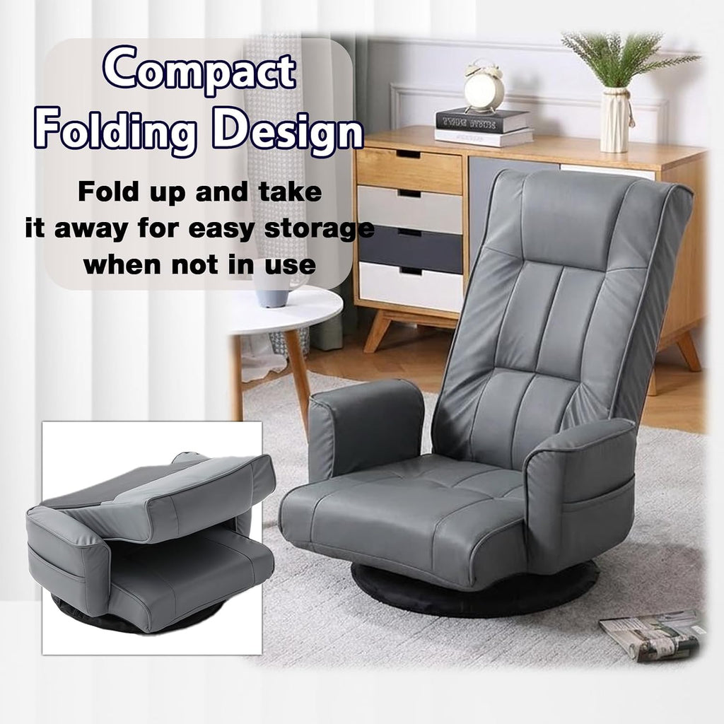 360 Degree Swivel Floor Chairs for Adults, Faux Leather Gaming Floor Chair with Back Support, 14 Angles Adjustable Comfortable Floor Lounge Chair Folding Video Game Chairs Office Bedroom