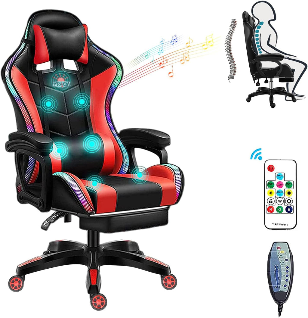 XOOFMASS RGB Gaming Chair with Massage and Footrest Large Ergonomic Computer Desk Chair Video Gaming Chair with Speakers and LED Light Effect, 90°-135° Adjustable Reclining Gamer Chair,Red