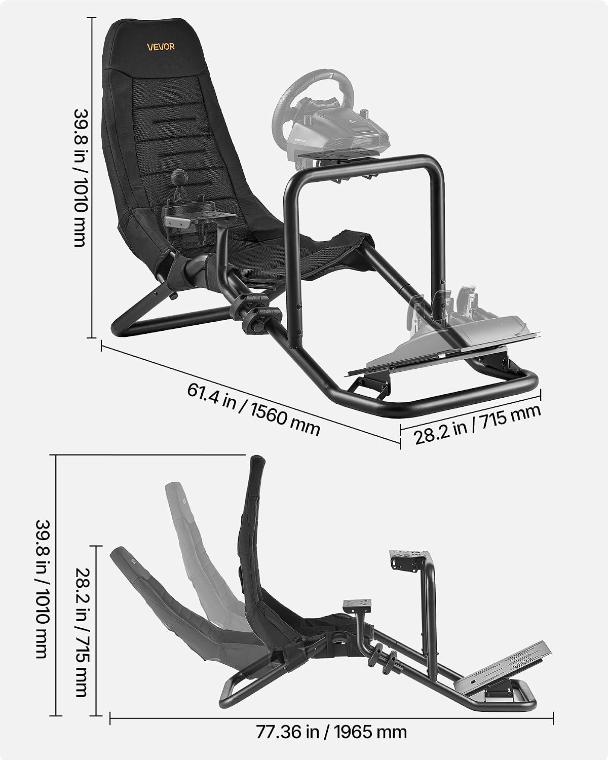 VEVOR Racing Wheel Stand, Heavy-Duty Integrated Simulator Cockpit Steering Stand, Fit Logitech G25,G27,G29,G920,G923, Thrustmaster T300RS,TX F458,T500RS,T3PA-PRO (F1/GT) and CSR Pedals, Black