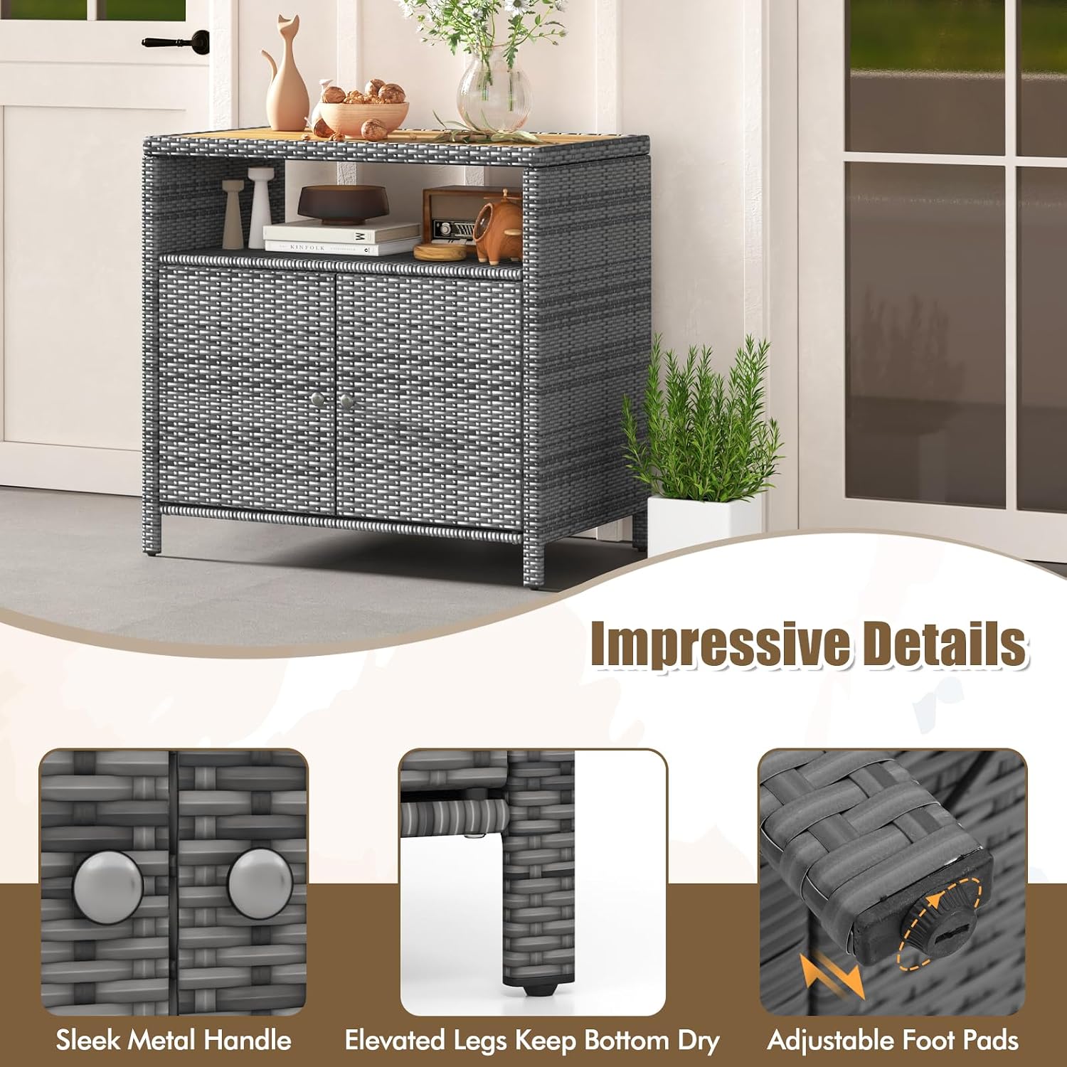 HAPPYGRILL Rattan Storage Cabinet, Patio Sideboard Buffet Cabinet with Acacia Wood Countertop, Open Shelf & 2 Door Cabinet, Wicker Storage Organizer for Garden Tools (Mixed Grey)